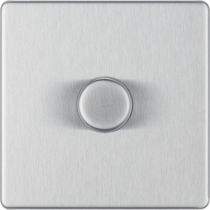 BG FBS81 Flatplate Screwless 2-Way Single Trailing Edge Dimmer Push On/Off - Brushed Steel - westbasedirect.com