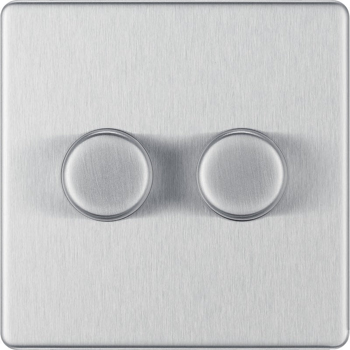 BG FBS82 Flatplate Screwless 2-Way Double Trailing Edge Dimmer Push On/Off - Brushed Steel - westbasedirect.com