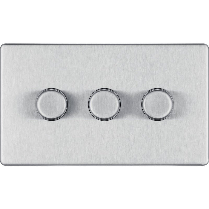 BG FBS83 Flatplate Screwless 2-Way Triple Trailing Edge Dimmer Push On/Off - Brushed Steel - westbasedirect.com