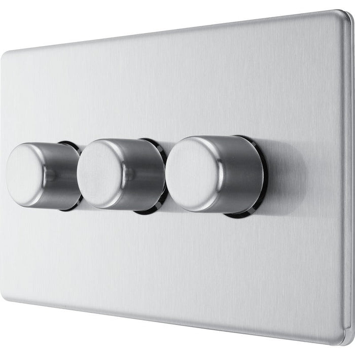 BG FBS83 Flatplate Screwless 2-Way Triple Trailing Edge Dimmer Push On/Off - Brushed Steel - westbasedirect.com