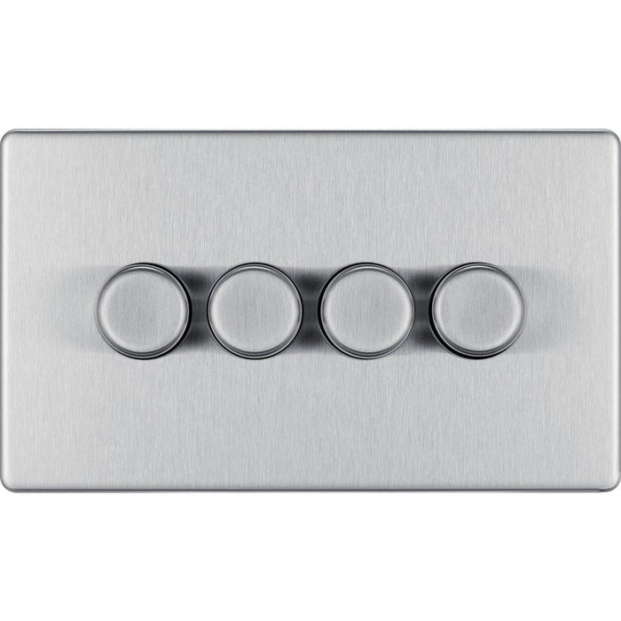 BG FBS84 Flatplate Screwless 2-Way Quad Trailing Edge Dimmer Push On/Off - Brushed Steel - westbasedirect.com