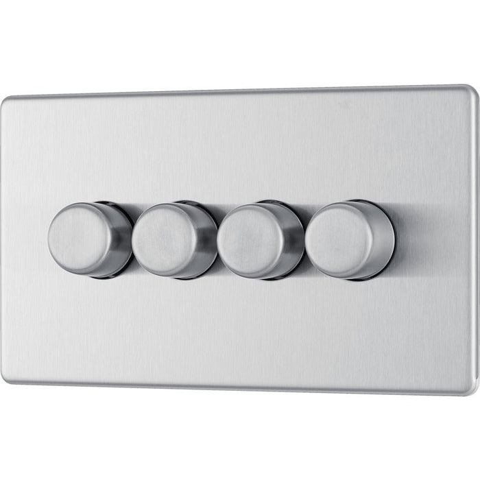 BG FBS84 Flatplate Screwless 2-Way Quad Trailing Edge Dimmer Push On/Off - Brushed Steel - westbasedirect.com