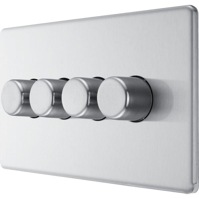 BG FBS84 Flatplate Screwless 2-Way Quad Trailing Edge Dimmer Push On/Off - Brushed Steel - westbasedirect.com