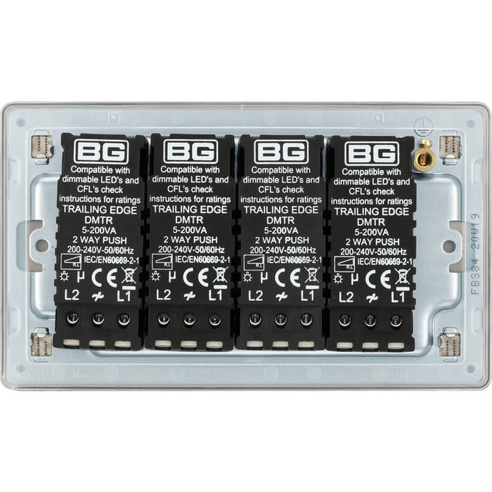 BG FBS84 Flatplate Screwless 2-Way Quad Trailing Edge Dimmer Push On/Off - Brushed Steel - westbasedirect.com