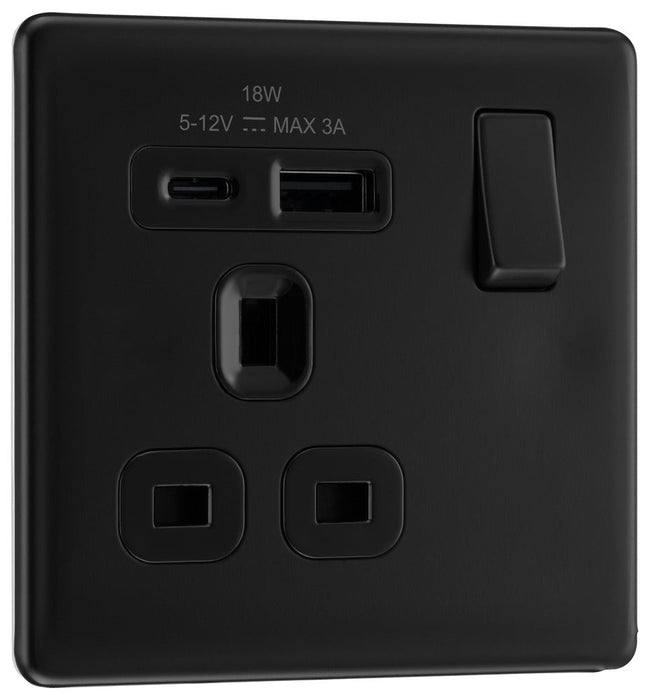 BG FFB21UAC18B Flatplate Screwless 13A Single Switched Power Socket + USB A+C (18W) - Matt Black + Black Insert