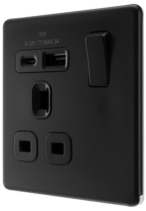 BG FFB21UAC18B Flatplate Screwless 13A Single Switched Power Socket + USB A+C (18W) - Matt Black + Black Insert