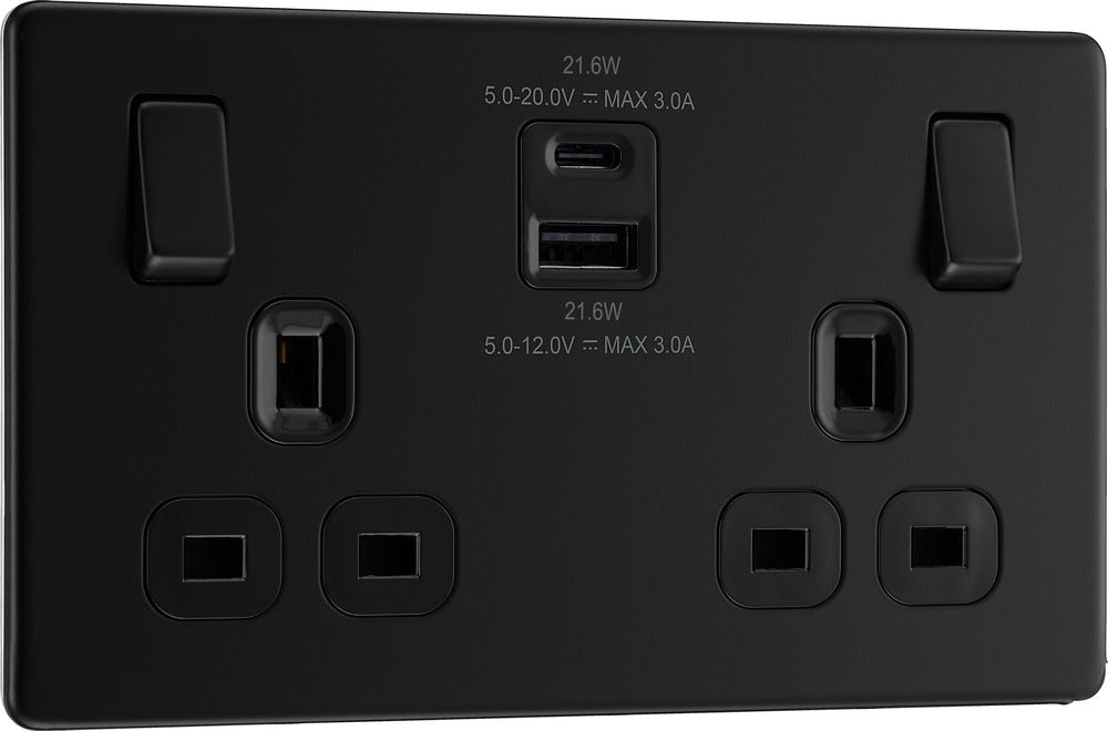 BG FFB22UAC22B Flatplate Screwless 13A Double Switched Power Socket + USB A+C (22W) - Matt Black + Black Insert - westbasedirect.com