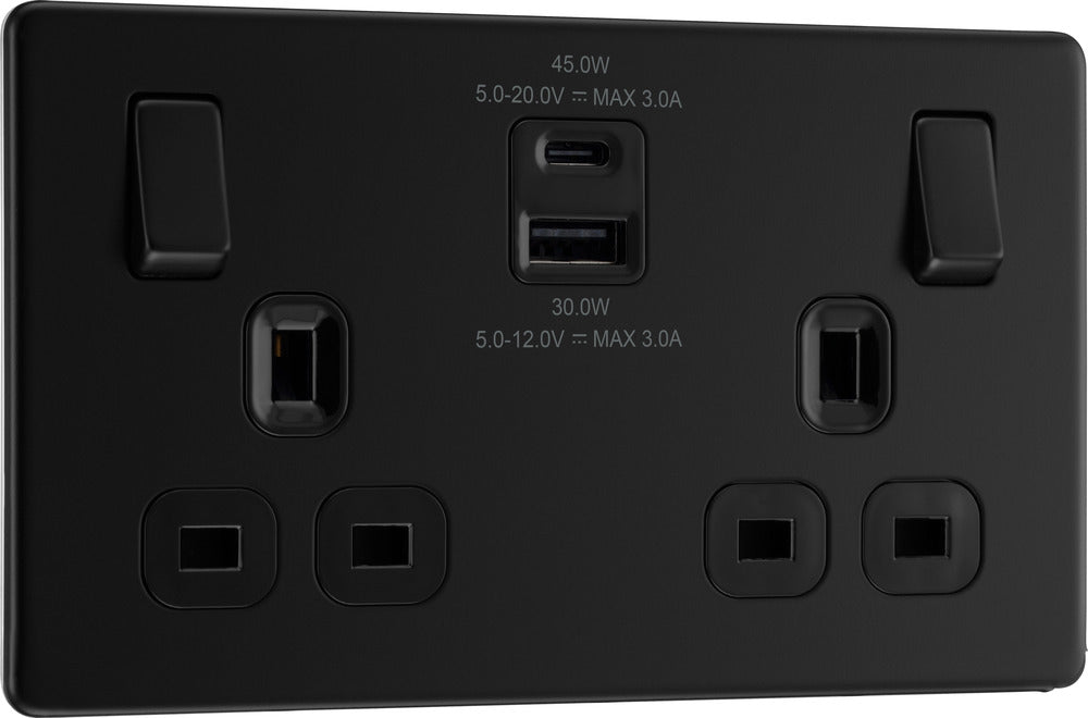 BG FFB22UAC45B Flatplate Screwless Double Socket + 2xUSB A+C(45W) - Bl ...