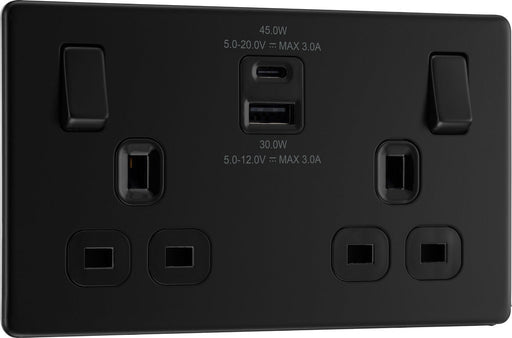 BG FFB22UAC45B Flatplate Screwless Double Socket + 2xUSB A+C(45W) - Black Insert - Matt Black - westbasedirect.com