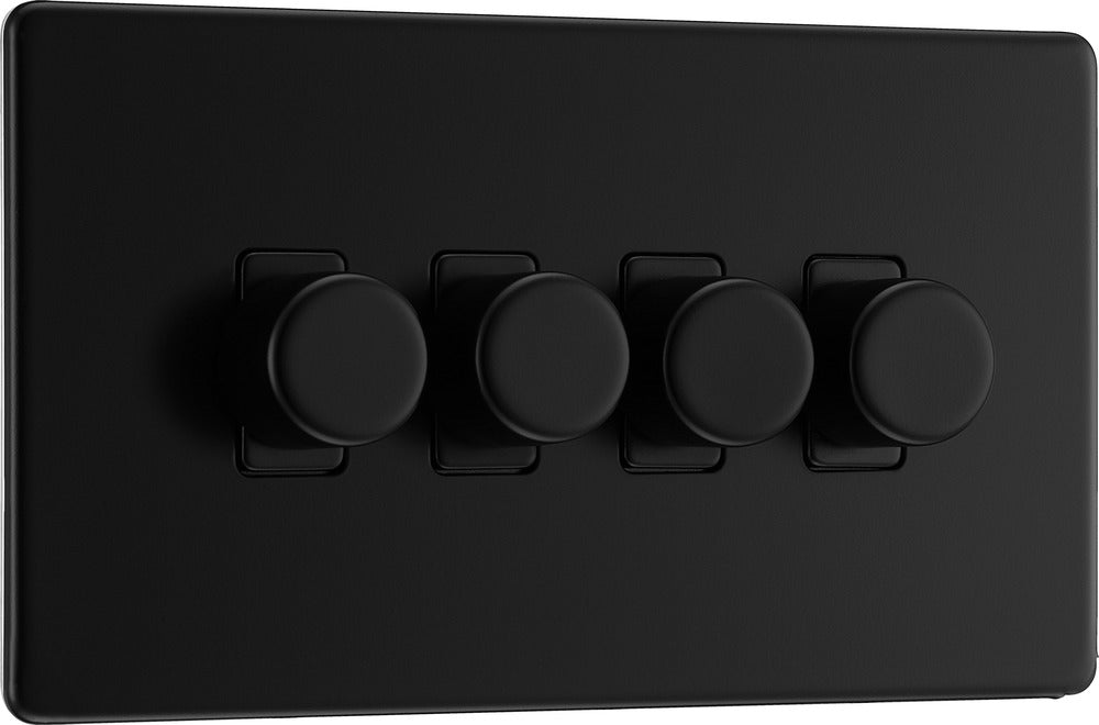 BG FFB84 Flatplate Screwless 2-Way Quad Intelligent Trailing Edge LED Dimmer Push On/Off - Matt Black - westbasedirect.com