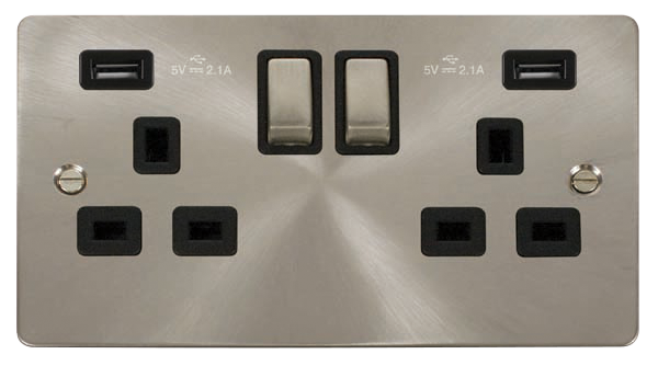 Click Define FPBS580BK Flat Plate 13A Ingot 2G Switched Socket + 2x2.1A USB - Brushed Stainless (Black) - westbasedirect.com