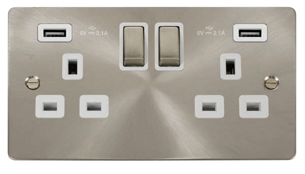 Click Define FPBS580WH Flat Plate 13A Ingot 2G Switched Socket + 2x2.1A USB - Brushed Stainless (White) - westbasedirect.com