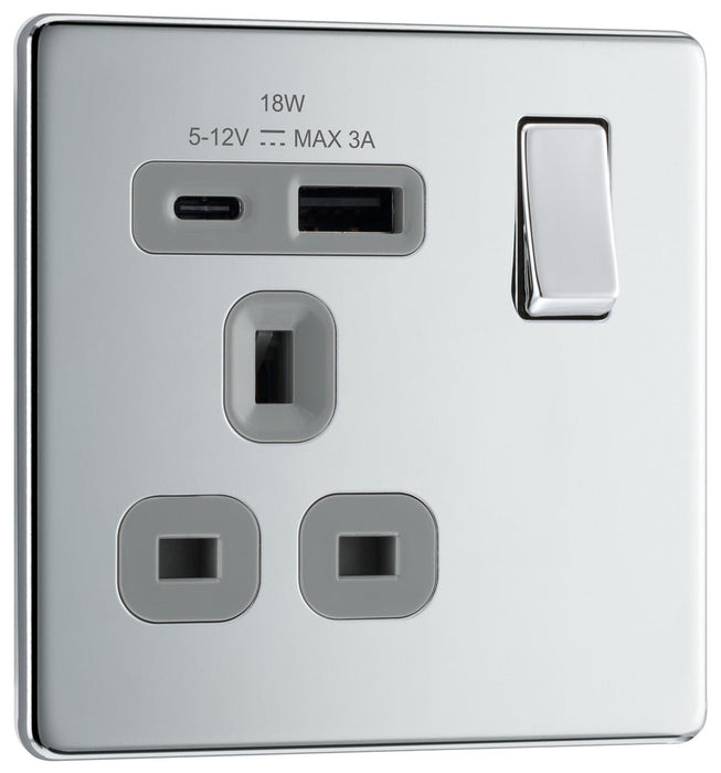 BG FPC21UAC18G Flatplate Screwless 13A Single Switched Power Socket + USB A+C (18W) - Polished Chrome + Grey Insert