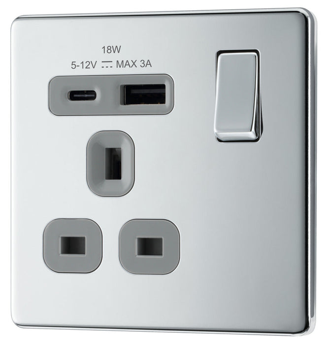 BG FPC21UAC18G Flatplate Screwless 13A Single Switched Power Socket + USB A+C (18W) - Polished Chrome + Grey Insert