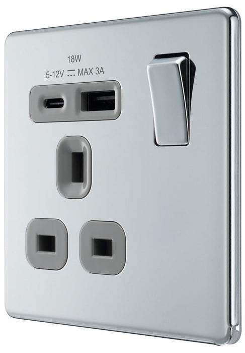 BG FPC21UAC18G Flatplate Screwless 13A Single Switched Power Socket + USB A+C (18W) - Polished Chrome + Grey Insert