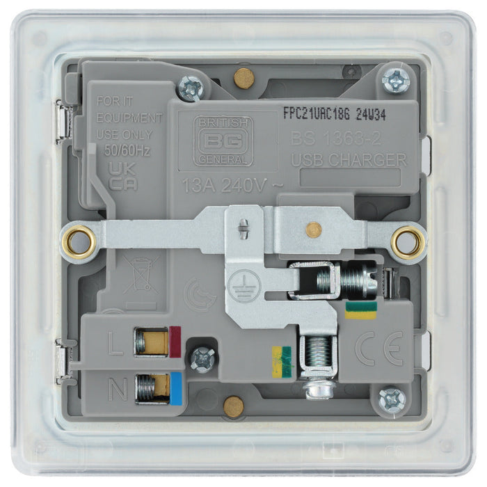 BG FPC21UAC18G Flatplate Screwless 13A Single Switched Power Socket + USB A+C (18W) - Polished Chrome + Grey Insert