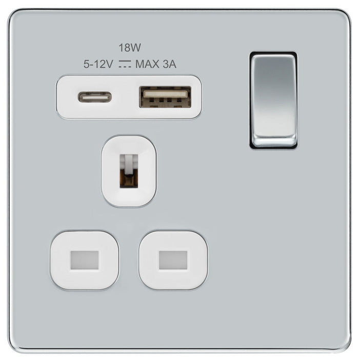 BG FPC21UAC18W Flatplate Screwless 13A Single Switched Power Socket + USB A+C (18W) - Polished Chrome + White Insert