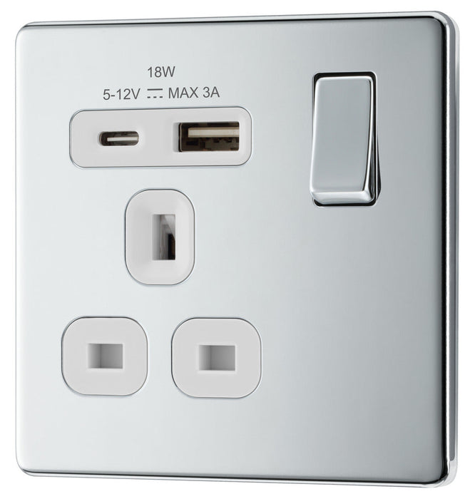 BG FPC21UAC18W Flatplate Screwless 13A Single Switched Power Socket + USB A+C (18W) - Polished Chrome + White Insert