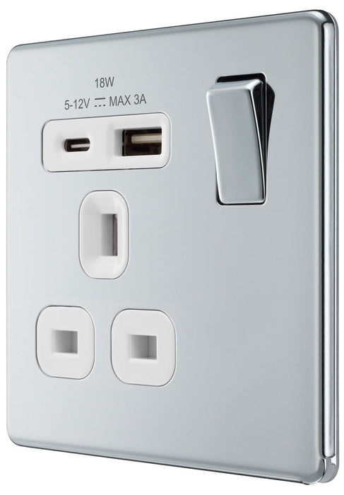 BG FPC21UAC18W Flatplate Screwless 13A Single Switched Power Socket + USB A+C (18W) - Polished Chrome + White Insert