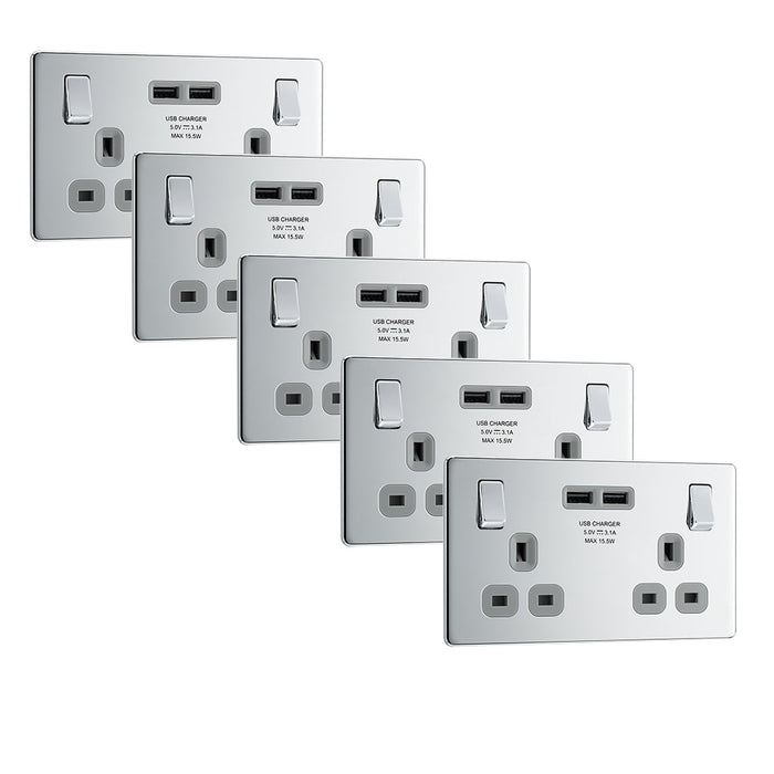 BG FPC22U3G Flatplate Screwless Double Socket + 2x USB(3.1A) - Grey Insert - Polished Chrome (5 Pack) - westbasedirect.com