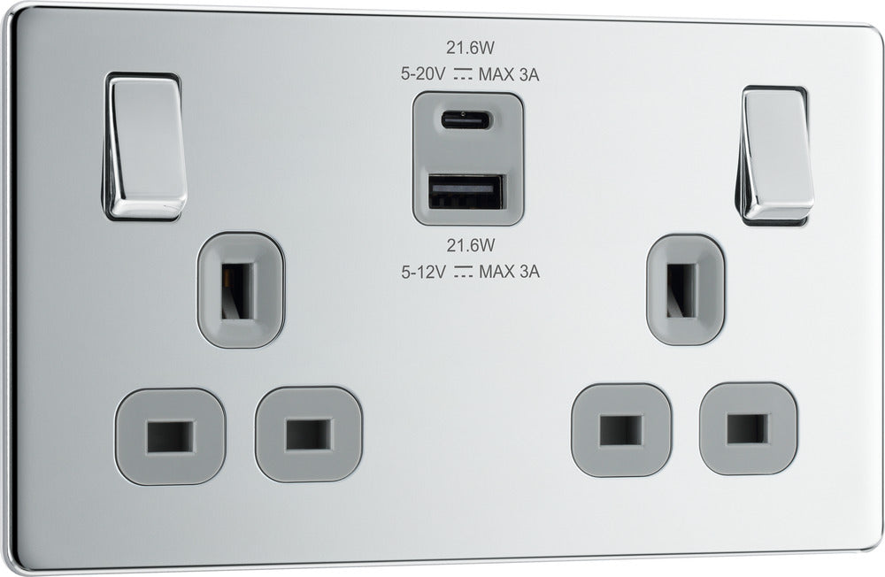 BG FPC22UAC22G Flatplate Screwless 13A Double Switched Power Socket + USB A+C (22W) - Polished Chrome + Grey Insert - westbasedirect.com