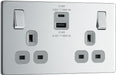 BG FPC22UAC22G Flatplate Screwless 13A Double Switched Power Socket + USB A+C (22W) - Polished Chrome + Grey Insert - westbasedirect.com