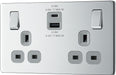 BG FPC22UAC22G Flatplate Screwless 13A Double Switched Power Socket + USB A+C (22W) - Polished Chrome + Grey Insert - westbasedirect.com