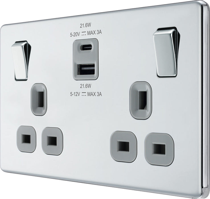 BG FPC22UAC22G Flatplate Screwless 13A Double Switched Power Socket + USB A+C (22W) - Polished Chrome + Grey Insert - westbasedirect.com