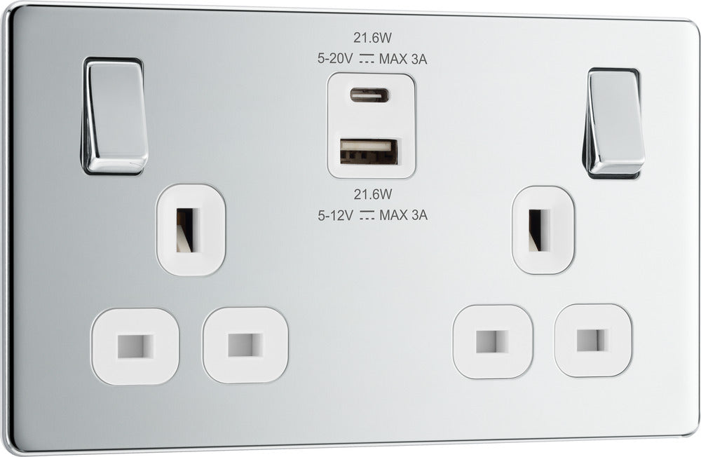 BG FPC22UAC22W Flatplate Screwless 13A Double Switched Power Socket + USB A+C (22W) - Polished Chrome + White Insert - westbasedirect.com