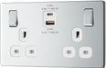 BG FPC22UAC22W Flatplate Screwless 13A Double Switched Power Socket + USB A+C (22W) - Polished Chrome + White Insert - westbasedirect.com