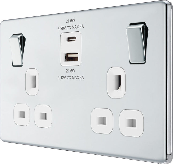 BG FPC22UAC22W Flatplate Screwless 13A Double Switched Power Socket + USB A+C (22W) - Polished Chrome + White Insert - westbasedirect.com