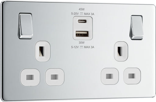 BG FPC22UAC45W Flatplate Screwless 13A Double Switched Power Socket + USB A+C (45W) - Polished Chrome + White Insert - westbasedirect.com