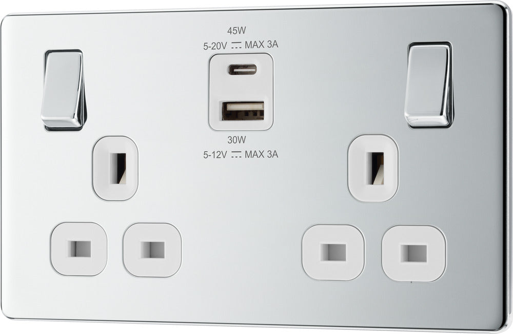 BG FPC22UAC45W Flatplate Screwless 13A Double Switched Power Socket + USB A+C (45W) - Polished Chrome + White Insert - westbasedirect.com