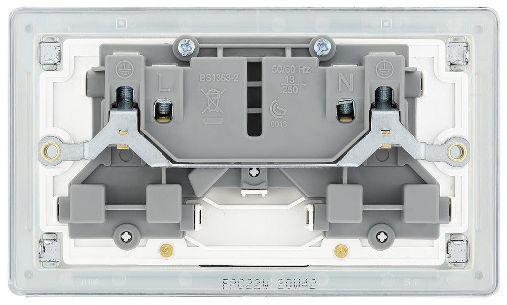 BG FPC22W Flatplate Screwless Double Socket 13A - White Insert - Polished Chrome (5 Pack) - westbasedirect.com