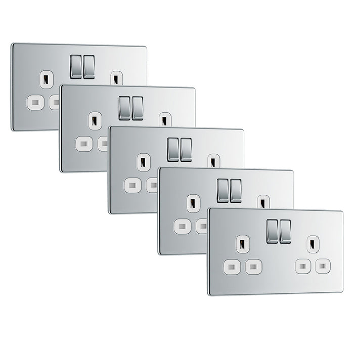 BG FPC22W Flatplate Screwless Double Socket 13A - White Insert - Polished Chrome (5 Pack) - westbasedirect.com