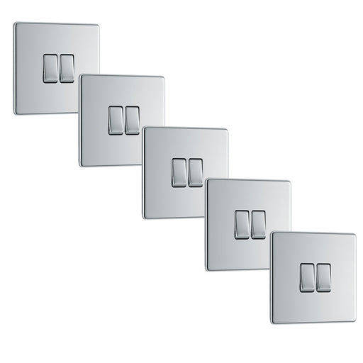 BG FPC42 Flatplate Screwless Double Light Switch 10A - Polished Chrome (5 Pack) - westbasedirect.com