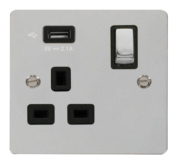 Click Define FPCH571UBK Flat Plate 13A Ingot 1G Switched Socket + 1x2.1A USB - Polished Chrome (Black) - westbasedirect.com