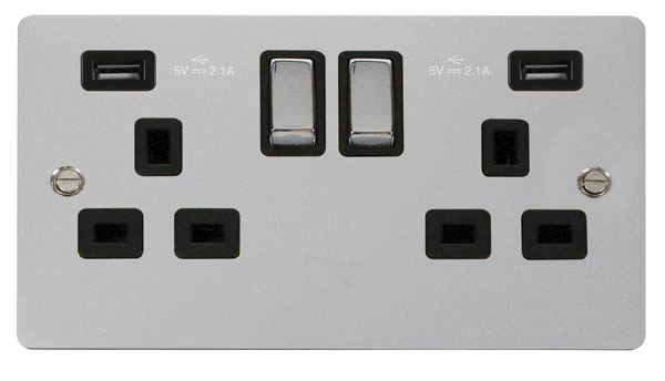 Click Define FPCH580BK Flat Plate 13A Ingot 2G Switched Socket + 2x2.1A USB - Polished Chrome (Black) - westbasedirect.com