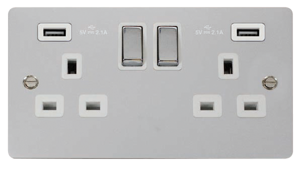 Click Define FPCH580WH Flat Plate 13A Ingot 2G Switched Socket + 2x2.1A USB - Polished Chrome (White) - westbasedirect.com