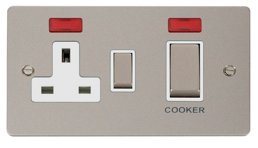 Click Define FPPN505WH Flat Plate 45A Ingot 2G DP Switch + 13A DP Switched Socket + Neon - Pearl Nickel (White) - westbasedirect.com