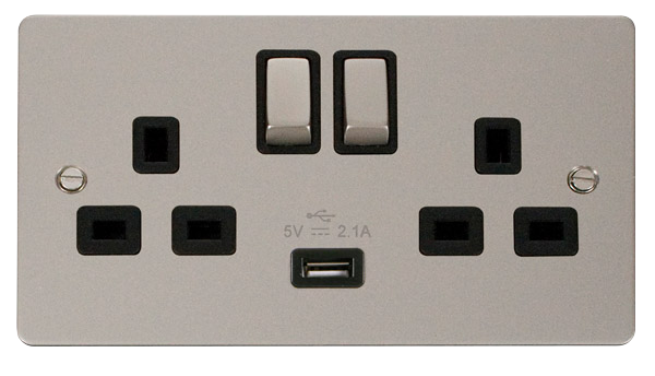 Click Define FPPN570BK Flat Plate 13A Ingot 2G Switched Socket + 1x2.1A USB - Pearl Nickel (Black) - westbasedirect.com