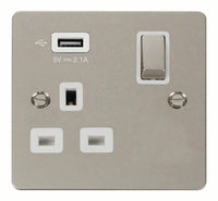 Click Define FPPN571UWH Flat Plate 13A Ingot 1G Switched Socket + 1x2.1A USB - Pearl Nickel (White)