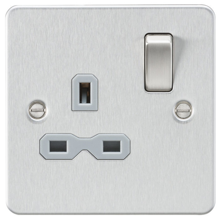 Knightsbridge FPR7000BCG Flat Plate 13A 1G DP Switch Socket - Brushed Chrome + Grey Insert - westbasedirect.com