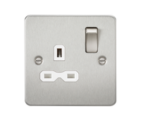 Knightsbridge FPR7000BCW Flat Plate 13A 1G DP Switch Socket - Brushed Chrome + White Insert