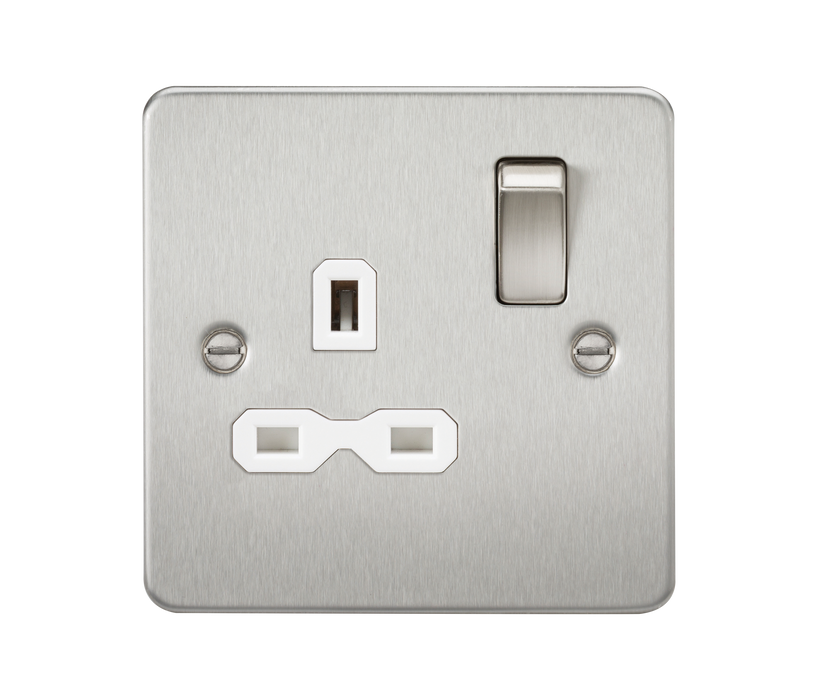 Knightsbridge FPR7000BCW Flat Plate 13A 1G DP Switch Socket - Brushed Chrome + White Insert - westbasedirect.com