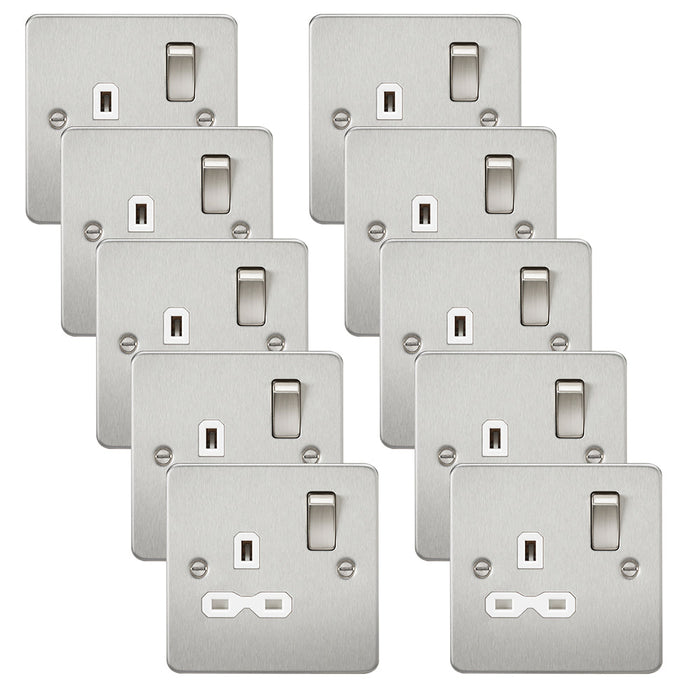 Knightsbridge FPR7000BCWx10 Flat Plate 13A 1G DP Switch Socket - Brushed Chrome + White Insert (10 Pack)
