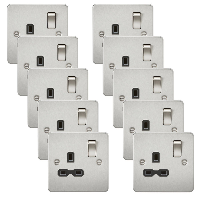 Knightsbridge FPR7000BCx10 Flat Plate 13A 1G DP Switch Socket - Brushed Chrome + Black Insert (10 Pack)