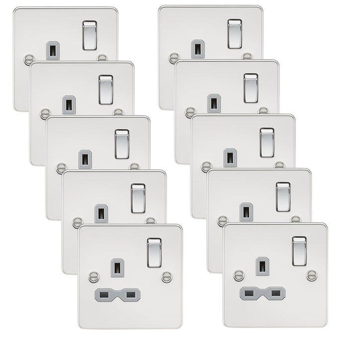 Knightsbridge FPR7000PCGx10 Flat Plate 13A 1G DP Switch Socket - Polished Chrome + Grey Insert (10 Pack)