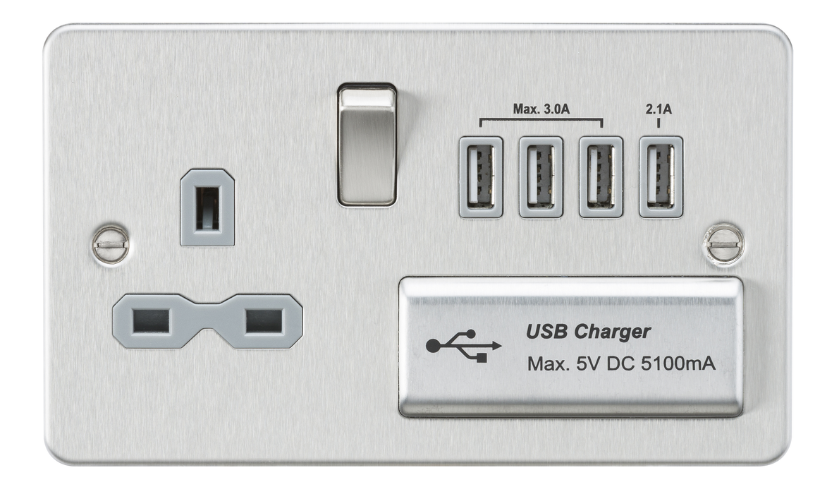 Knightsbridge FPR7USB4BCG Flat Plate 13A Switch Socket + 4xUSB - Brushed Chrome + Grey Insert - westbasedirect.com