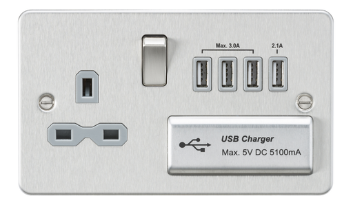 Knightsbridge FPR7USB4BCG Flat Plate 13A Switch Socket + 4xUSB - Brushed Chrome + Grey Insert - westbasedirect.com